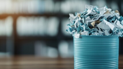 This image features a blue recycling bin filled with crumpled paper, representing sustainability and the importance of recycling in a modern office environment.