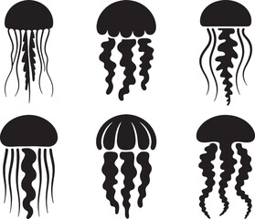 Six silhouettes of jellyfish ocean life sea creatures