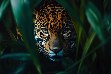 Jaguar Hiding in Tropical Foliage Staring Forward