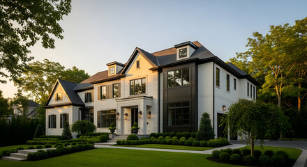 Elegant Estate Home Exterior With Manicured Lawn And Landscaping at Dusk