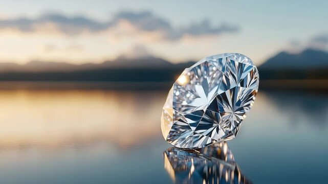 Sparkling Diamond with Reflection at Sunrise Over Calm Water