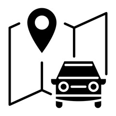 Icono de carro en el mapa. Localización de vehículo, navegación por GPS, planificación de ruta y movilidad geográfica. Ilustración vectorial