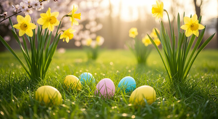 Fototapeta premium Pastel Easter Eggs And Blooming Daffodils In Sunny Spring Meadow
