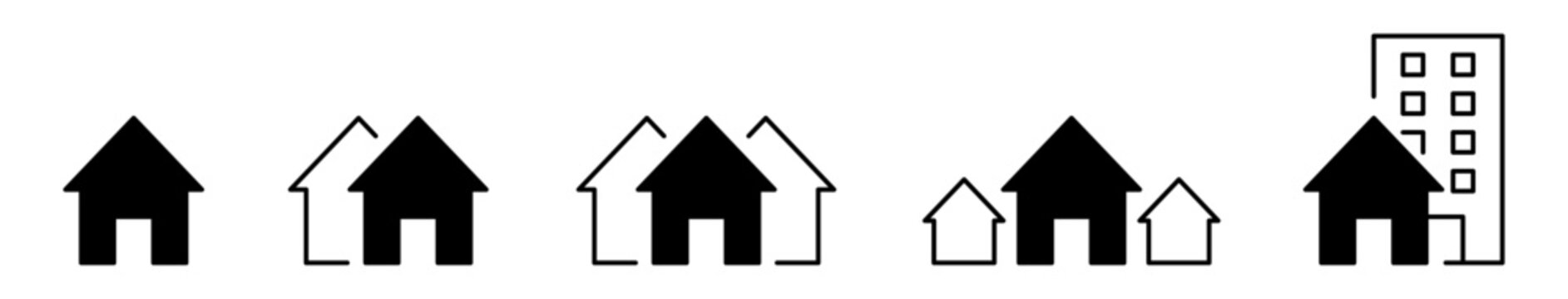 Conjunto de iconos de casas. vivienda individual, conjunto residencial, comunidad urbana, grupo de casas, casa con edificio. Ilustraci&oacute;n vectorial