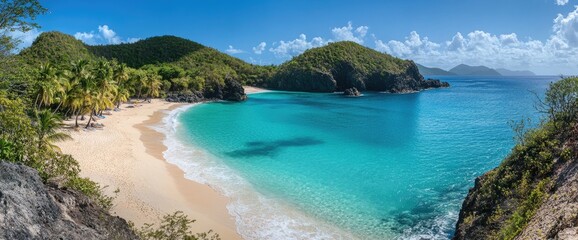 Fototapeta premium Panoramic view of a pristine tropical beach nestled within a cove. Turquoise water laps gently against a pristine white sand beach, fringed by lush green hills. A perfect secluded getaway