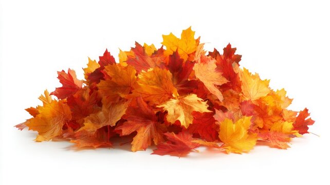 Pile of vibrant autumn leaves on white background. Neural network AI generated