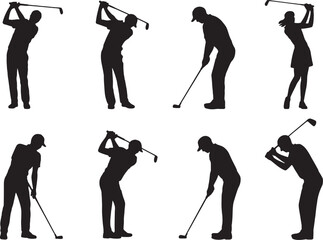 Golfers silhouettes diverse poses swinging putting