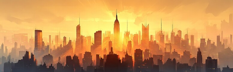 Sunrise over a city skyline, bathed in warm golden light