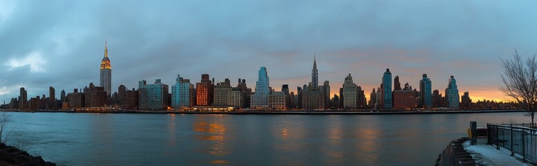 Fototapeta premium Panoramic view of New York City skyline at dawn over water
