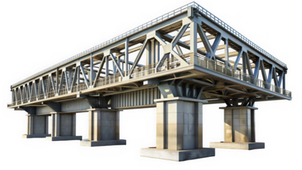A stunning view of a modern railway bridge, showcasing intricate metalwork and strong supporting pillars. Perfect for transportation and engineering themes.