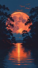 Super-moon Reflection Over Tranquil Lake at Twilight &ndash; Nature Landscape wallpaper