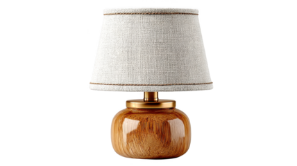 Stylish table lamp featuring round wooden base with glossy finish and textured fabric shade. This elegant lamp adds warmth and sophistication to any interior space, perfect for bedside or living