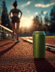 Green energy drink can on track with runner	