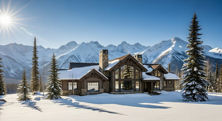 Fototapeta premium Luxury Home Nestled Among Snow Capped Mountains In Beautiful Winter Scenery