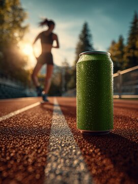 Green energy drink can on track with runner	