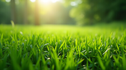 Fototapeta premium Fresh green grass in the morning sun, a vibrant summer meadow perfect for nature backgrounds