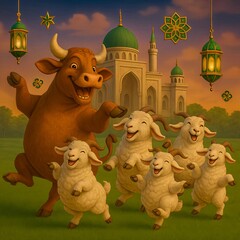 3D Eid al-Adha Illustration: Joyful Cow and Sheep Dancing on Green Pasture with Elegant Mosque