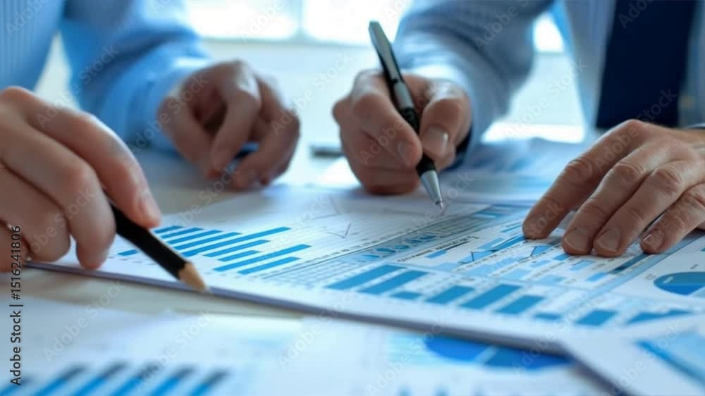 Poster close-up of hands working on graphs and charts, showcasing collaboration and analysis in a business 