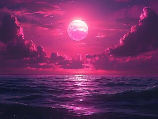 Magenta Moonlight: Tranquil Ocean Reflections under a Radiant Lunar Sphere