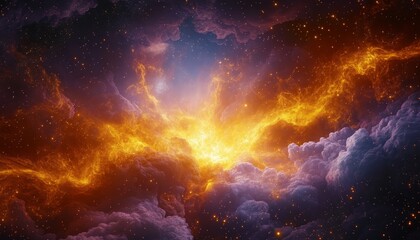 Fototapeta premium Celestial Firestorm A Dramatic Nebula of Orange, Yellow, and Blue with Dazzling Stars