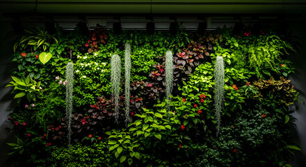 Fototapeta premium Vibrant Vertical Garden Displaying Diverse Flora And Unique Hanging Plants Indoors