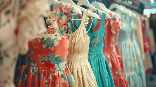 A row of colorful, vintage-style floral dresses hangs neatly on white hangers in a boutique or clothing store.