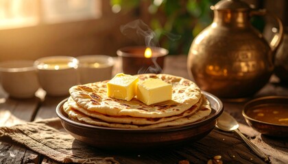 Golden Butter Melting on Fresh Paratha in Cozy Breakfast Ambience
