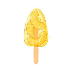 Pineapple popsicle ice cream with yellow fruit slice inside on wooden stick in cartoon. Perfect for tropical summer design, dessert visual or dessert cafe graphic. Isolated on a white background
