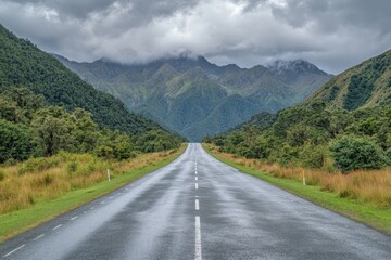 Naklejka premium Road winds through lush valley, mountains loom