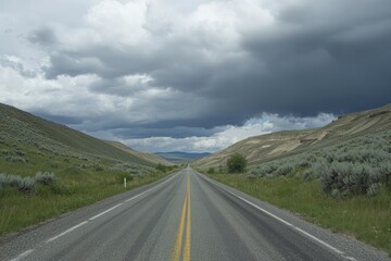 Fototapeta premium Empty highway stretches into a cloudy sky over rolling hills