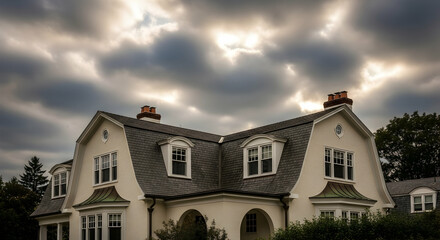 Elegant Suburban Home Against Dramatic Cloudscape with Architectural Details