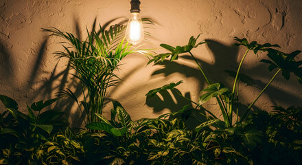 Illuminated Tropical Plants with Artistic Shadows on Textured Background