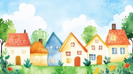 Naklejka premium Watercolor Village Scene
