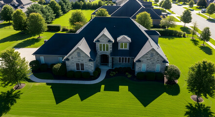 Aerial View Of An Upscale Suburban Home With Green Lawn And Mature Trees