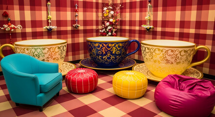 Whimsical Tea Party Setup With Oversized Cups And Vibrant Seating