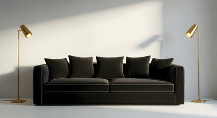 Contemporary Living Room Interior With Black Couch And Golden Lamps