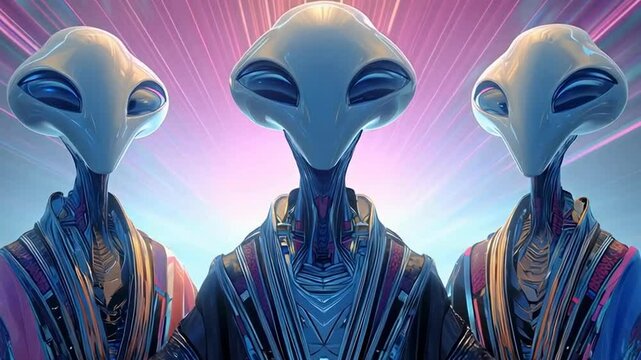 Three futuristic humanoid figures with large heads and oval eyes set against a background of shining blue light and abstract patterns.