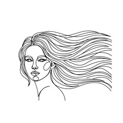 Woman with long hair blowing in the wind line art