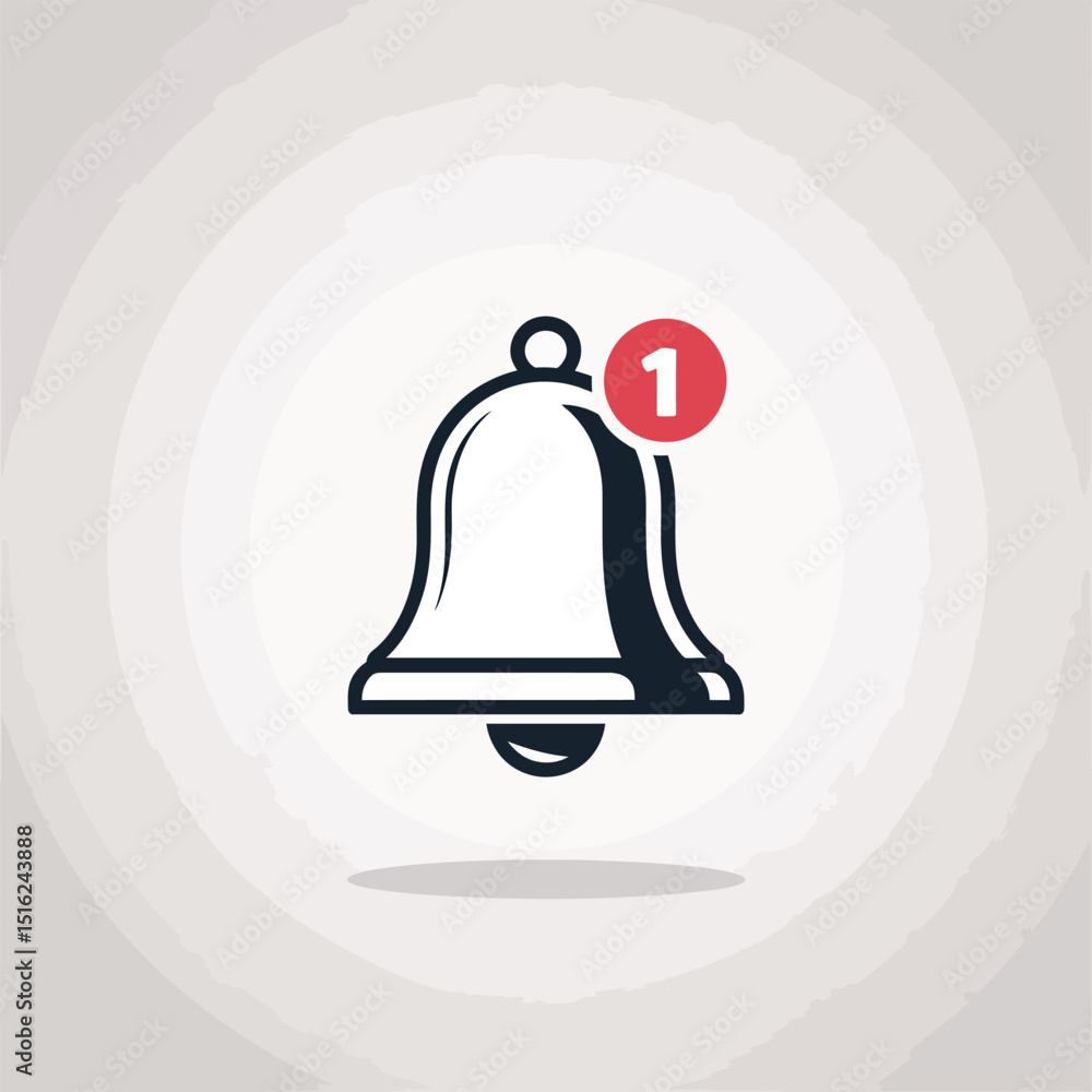 Poster black and white notification bell icon with red alert badge showing number one, simple notification 