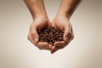 Close-up of weathered hands holding roasted coffee beans, photorealistic warm scene highlighting texture and sensory coffee experience

