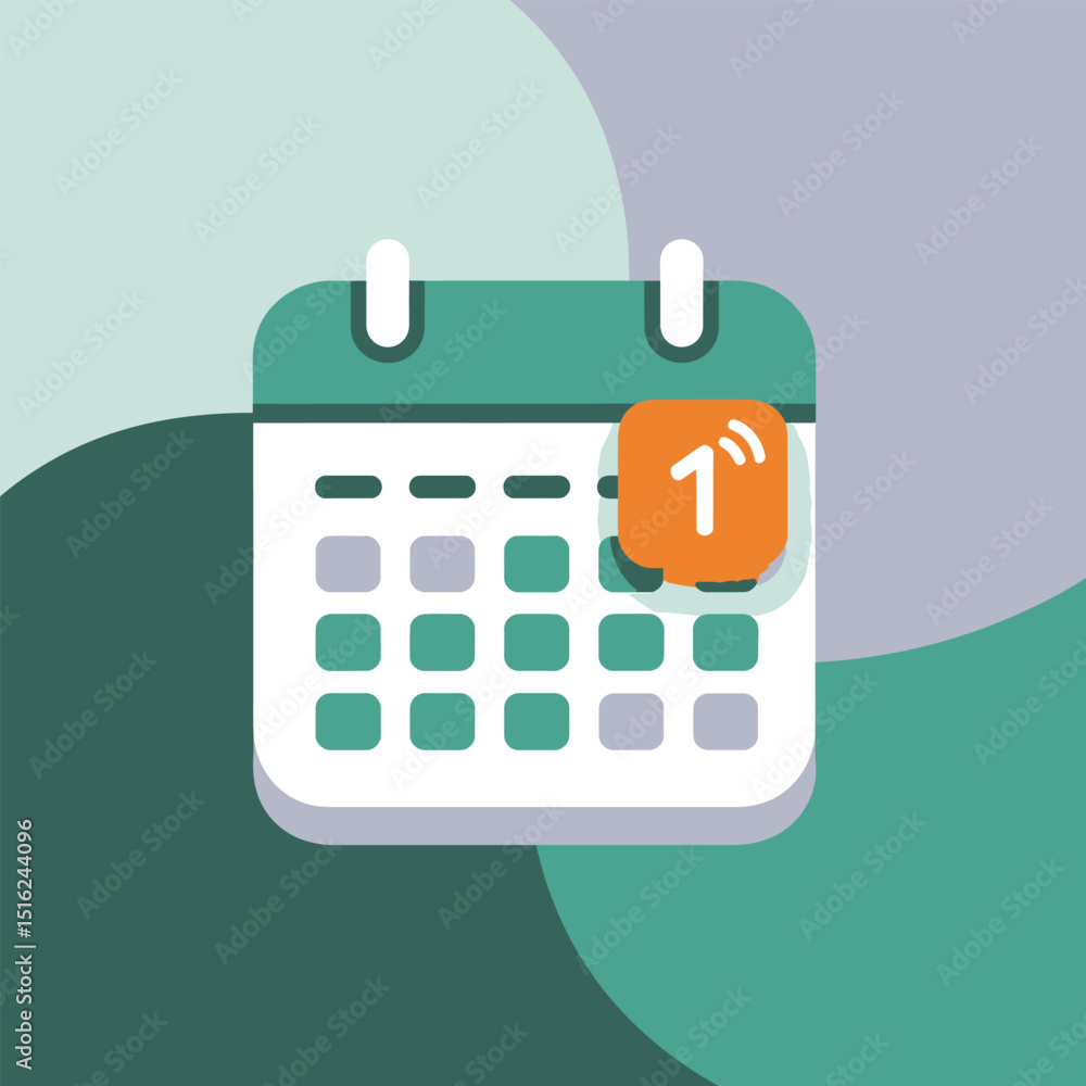 Poster flat style green and white calendar icon with notification badge showing number one, simple event re