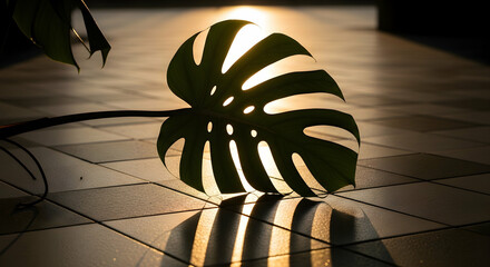 Monstera Leaf Illuminated by Golden Hour Light on Tiled Surface