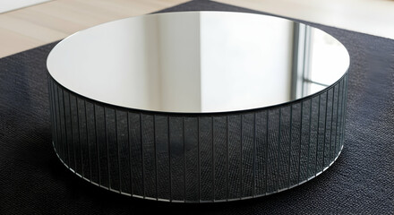 Elegant Mirrored Coffee Table Design With Vertically Ribbed Sides Resting On Textured Surface