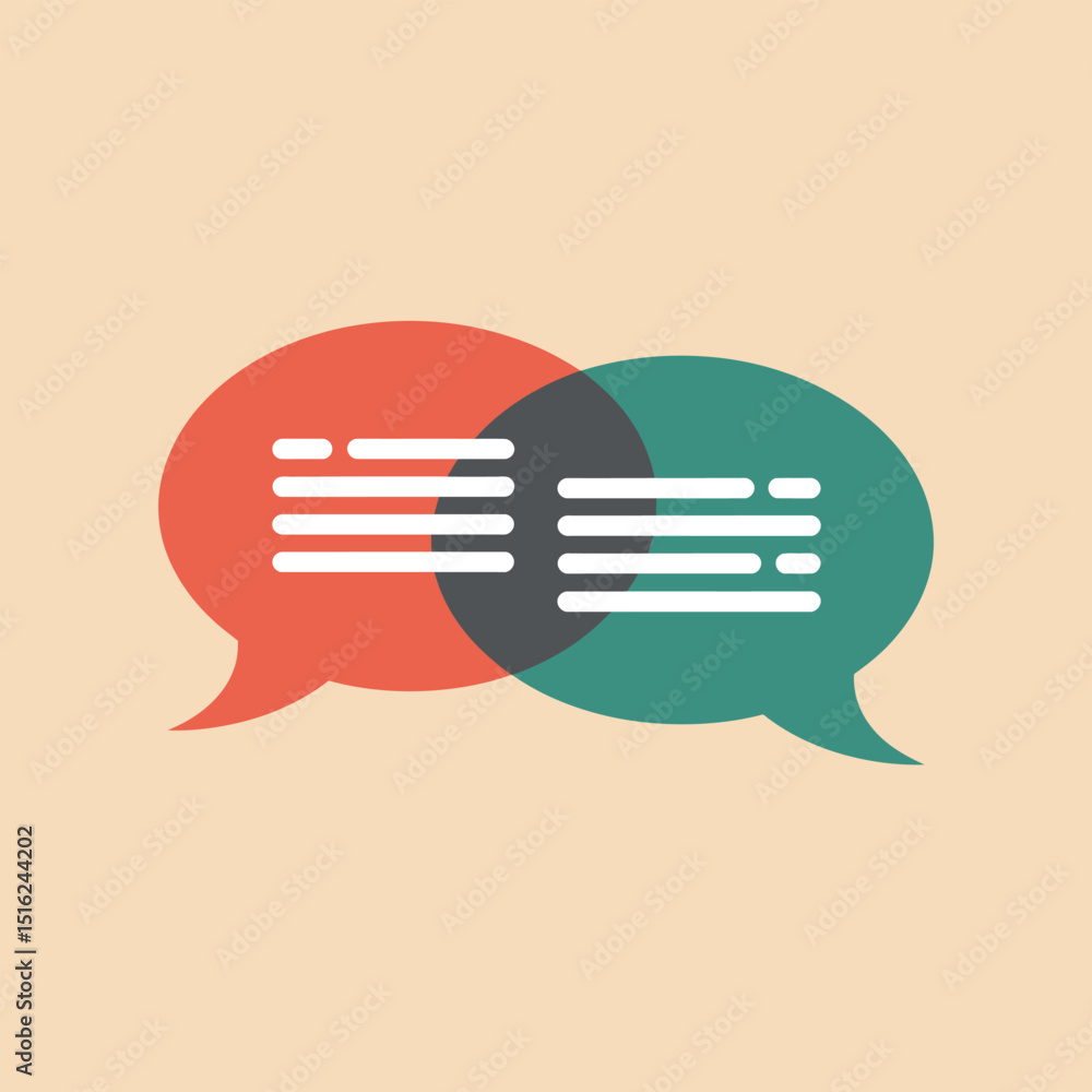 Poster overlapping red and green speech bubbles with white text lines, conceptual chat message icon for com