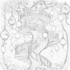 Naklejka premium Enchanting treehouse illustration with lanterns in outline style for coloring page 