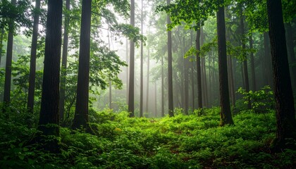 Misty Monsoon Forest with Raindrops on Green Leaves and Soft Fog Light