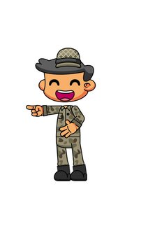 Chibi Army Soldier Laughing, Cute Military Character on White Background