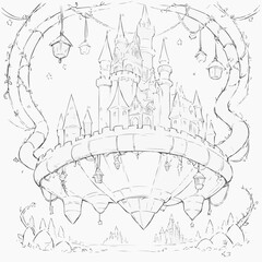 Obraz premium Floating castle illustration with lanterns and magical vines in outline style for coloring page