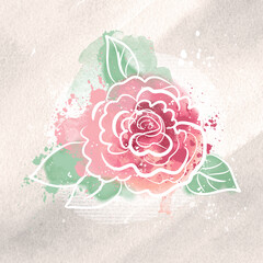 Delicate summer watercolor rose on a textured beige background, hand-drawn illustration. Sticker, postcard, sketch, watercolor flower, rose