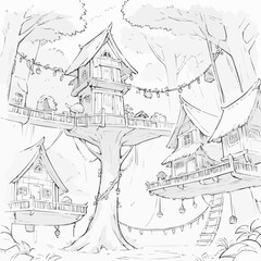 Fototapeta premium Whimsical treehouse village illustration, imaginative mood, in coloring page design